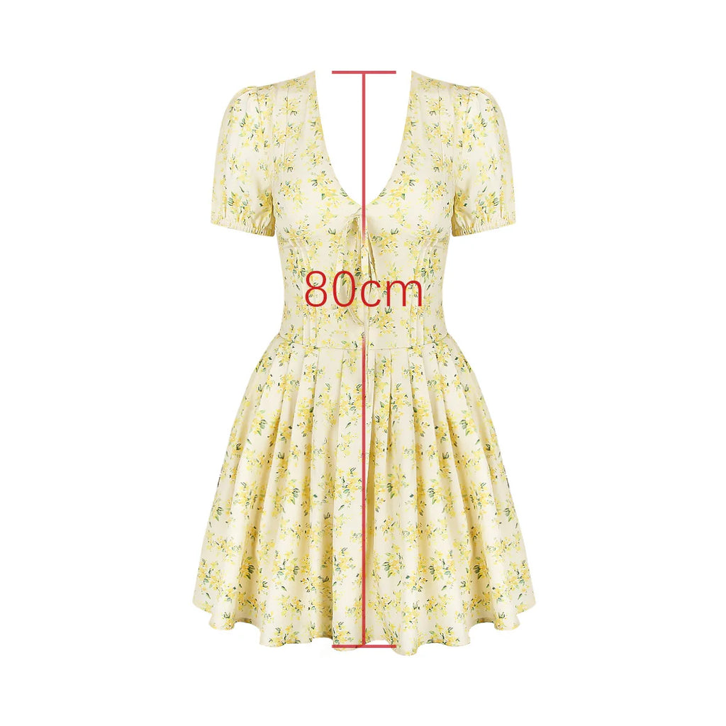 Oligai Fashion Summer Dresses 2026 Yellow Flower Print Party Dresses Elegant Puff Sleeve Birthday Holiday Dress Women's Clothing