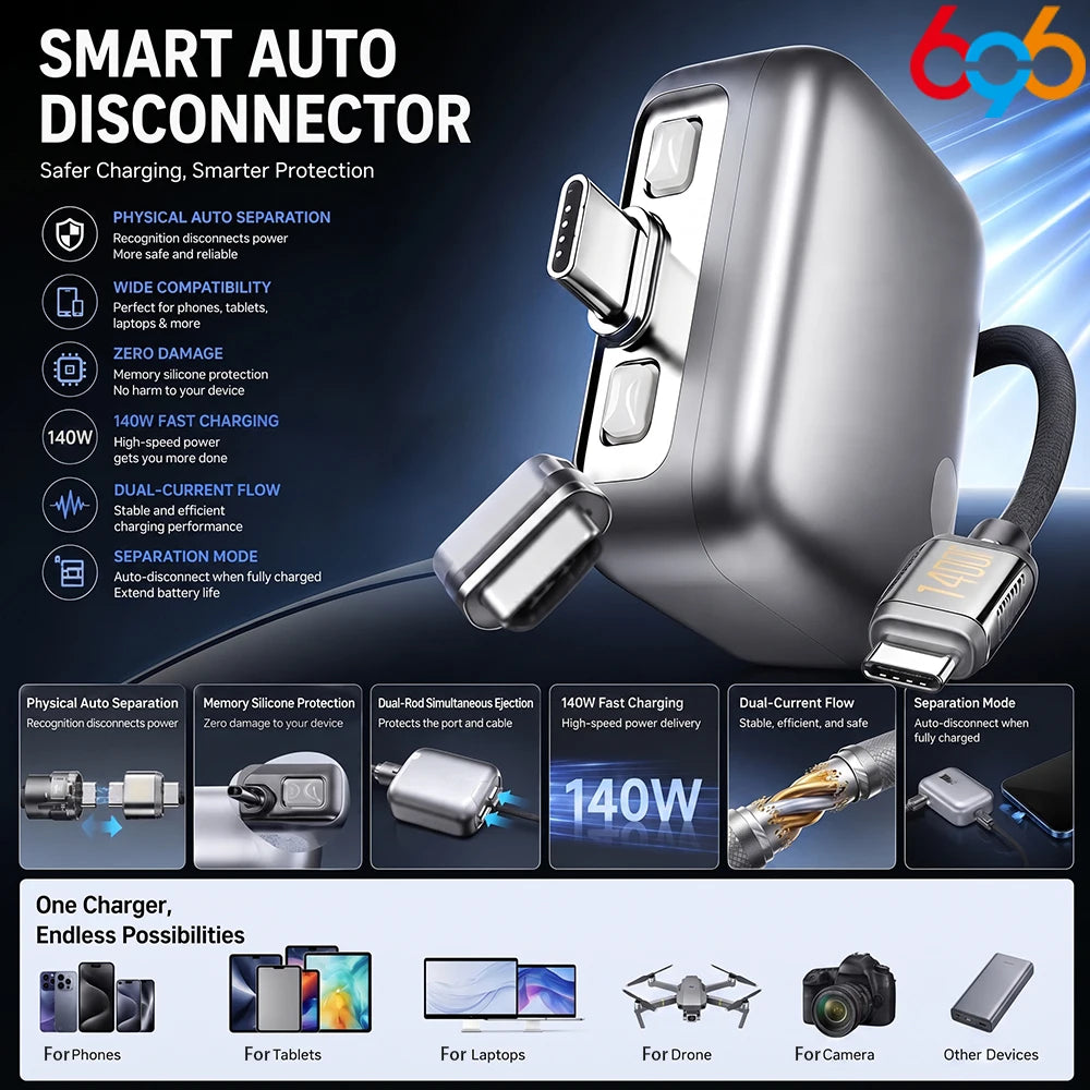 Adapter 140W Fast Charge Safety Separator Automatically For Type-C Devices Intelligence Full Charge Auto-Disconnect Charging