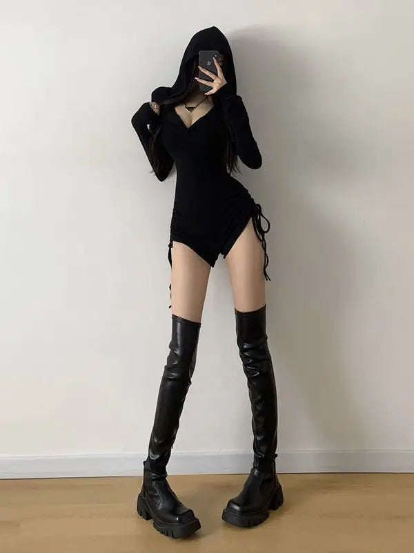 Bodysuit Y2k Winter Clothes 90s Vintage Korea Hooded Slim Casual Shorts Jumpsuits Long sleeves Femme Korea Aesthetic Punk Bodys