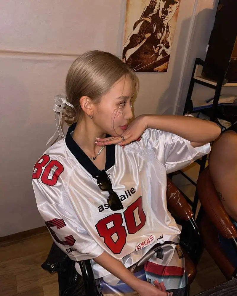 Minji Hyein's Same Asif Calie Korean Designer Brand Printed Loose Short Sleeved Jersey Tops Summer Women Oversized Sport Tshirt