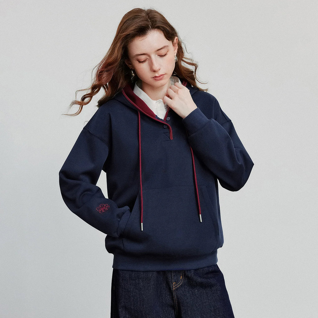 TOYOUTH Women Hoodies Sweatshirt 2026 Autumn New Contrasting Color Embroidery Splicing Hooded Pullover Tops