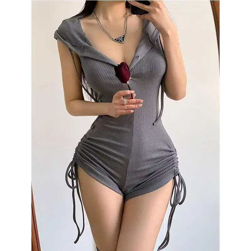 Bodysuit Y2k Winter Clothes 90s Vintage Korea Hooded Slim Casual Shorts Jumpsuits Long sleeves Femme Korea Aesthetic Punk Bodys