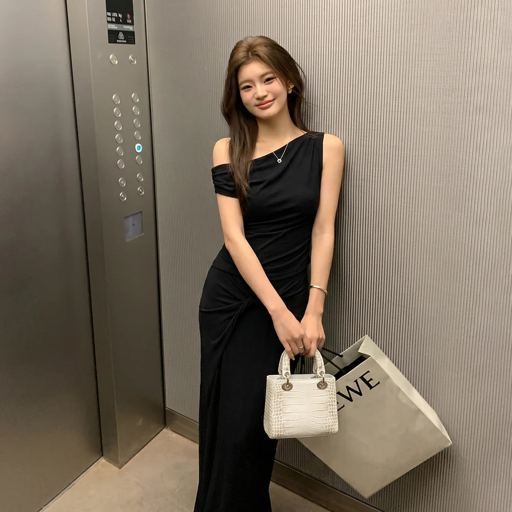 Summer 2026 Women's Fashion T-shirt Top Half Skirt Fish Tail Skirt Set Side Shoulder Design Knot Waist Slimming Effect