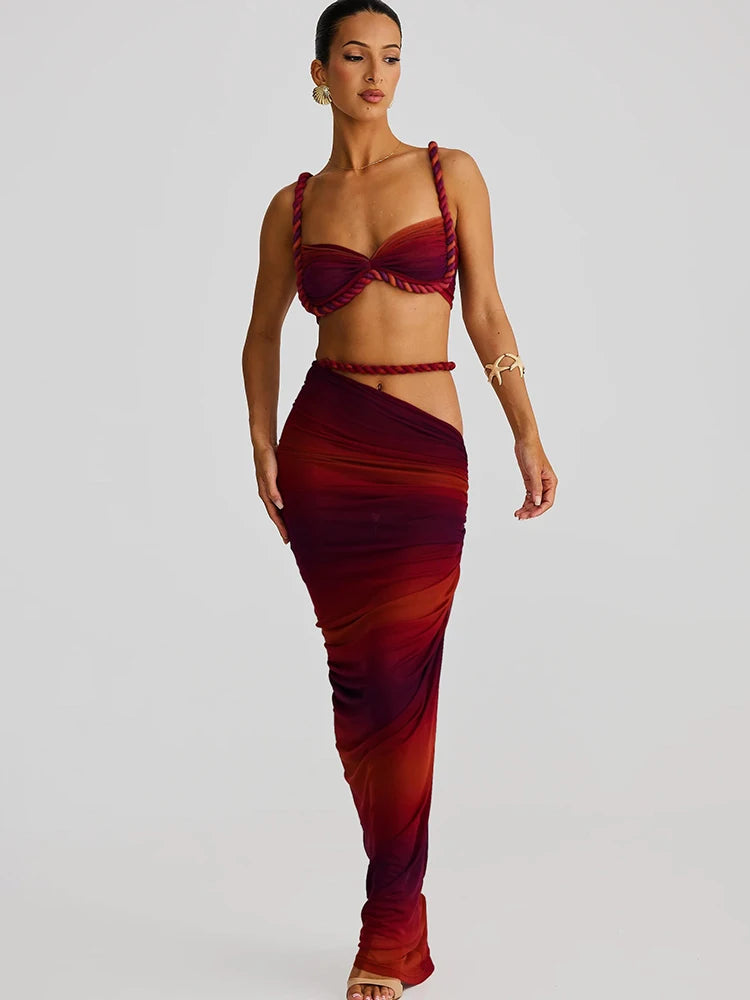 Elegant Pleated Crop Top Skirt Set