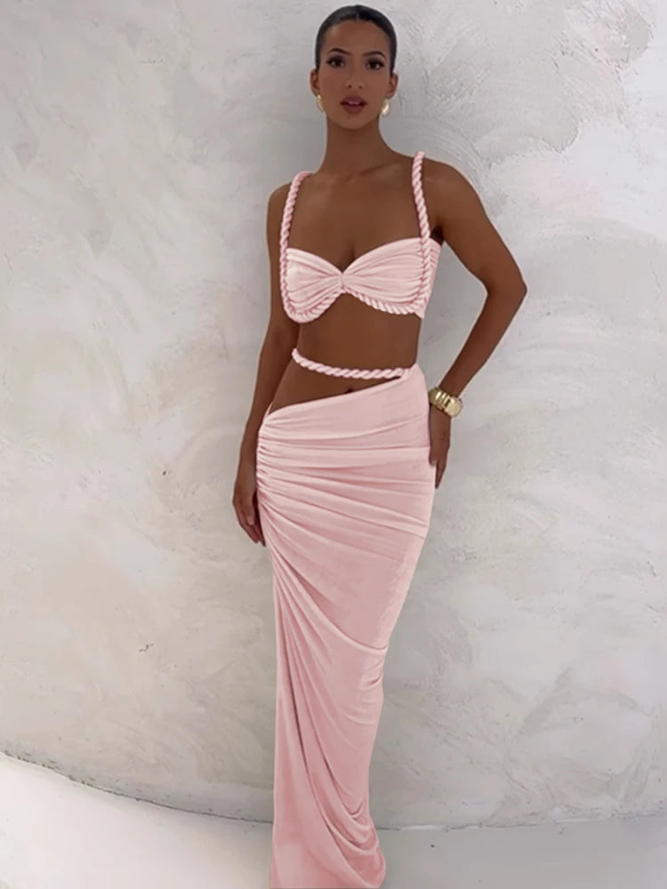 Elegant Pleated Crop Top Skirt Set