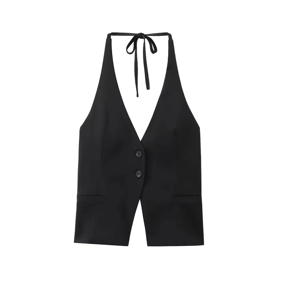Elegant Front Button Halter Neck Tank Top.