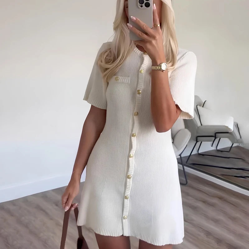 White Elegant Knitted Mini Dress For Women Metal Button Sexy Slim Rib Sweater Dress Holiday Party Outfits Autumn 2026 New