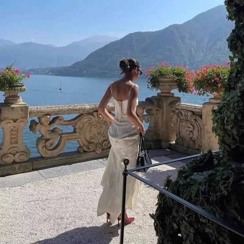 white Corseted Floral jacquard Maxi Dress for women straps sleeveless party dress new sexy summer dress
