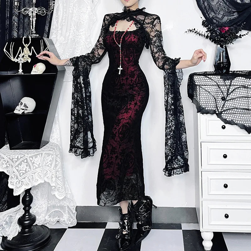 Gothic Sexy Long Fishtail Dress for Women Robe New Spaghetti Strap Sleeveless Backless Ruched