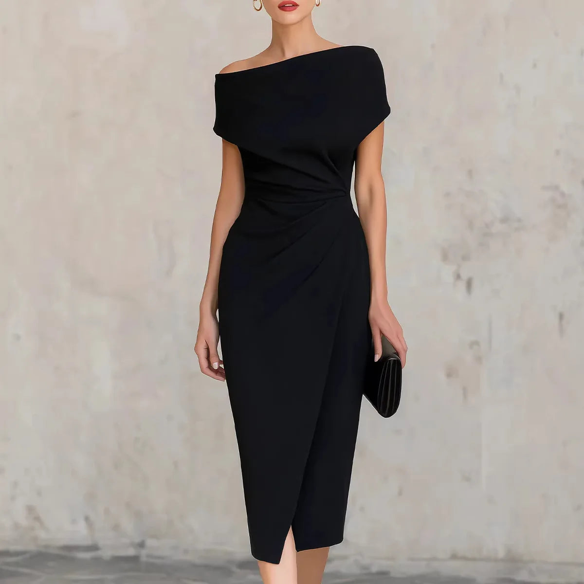 2026 Summer Women's New One-shoulder Waist Pleated Dress Banquet Commuting Slit Dress