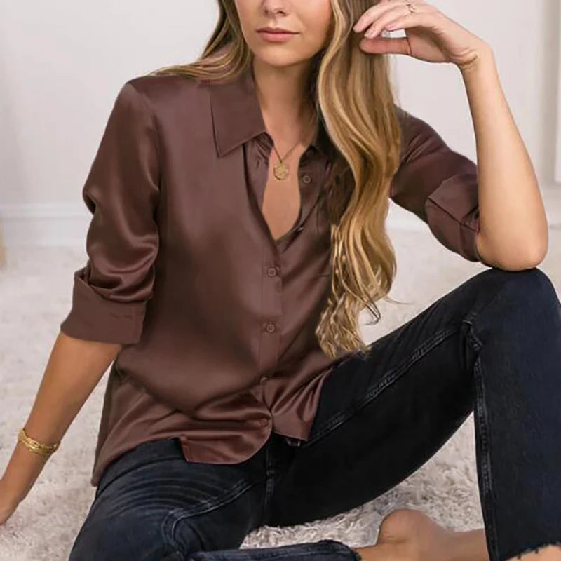 Elegant Black White Shirt Women Spring Autumn Long Sleeve Silk Satin Blouses For Women Fashion Turn Down Collar Button Shirt