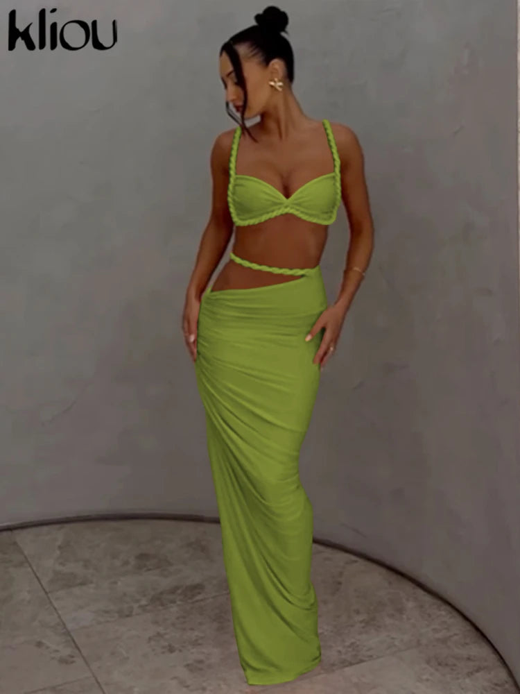 Elegant Pleated Crop Top Skirt Set
