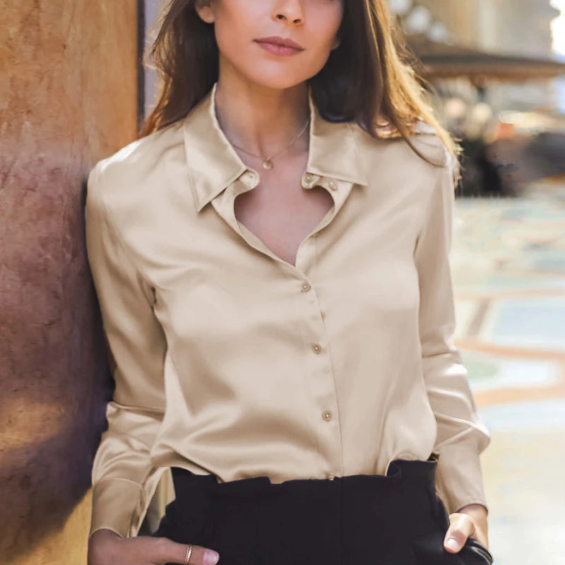 Elegant Satin Button-Up Silk Blouse