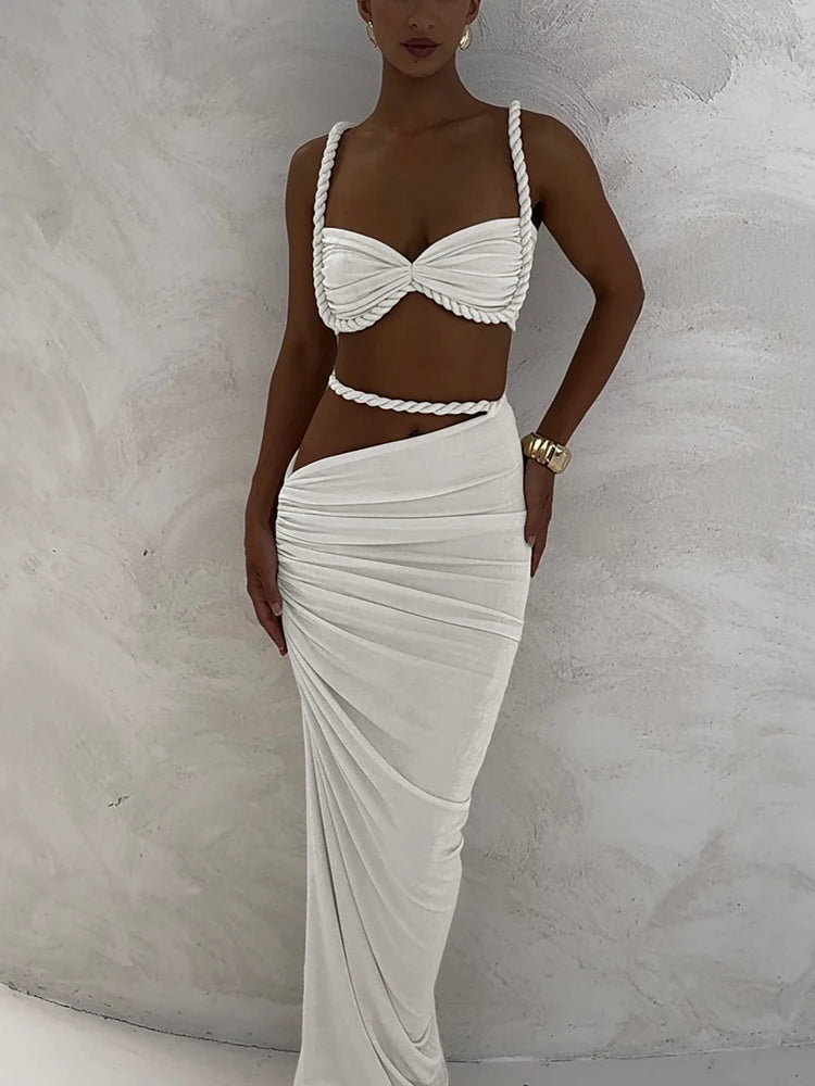 Elegant Pleated Crop Top Skirt Set