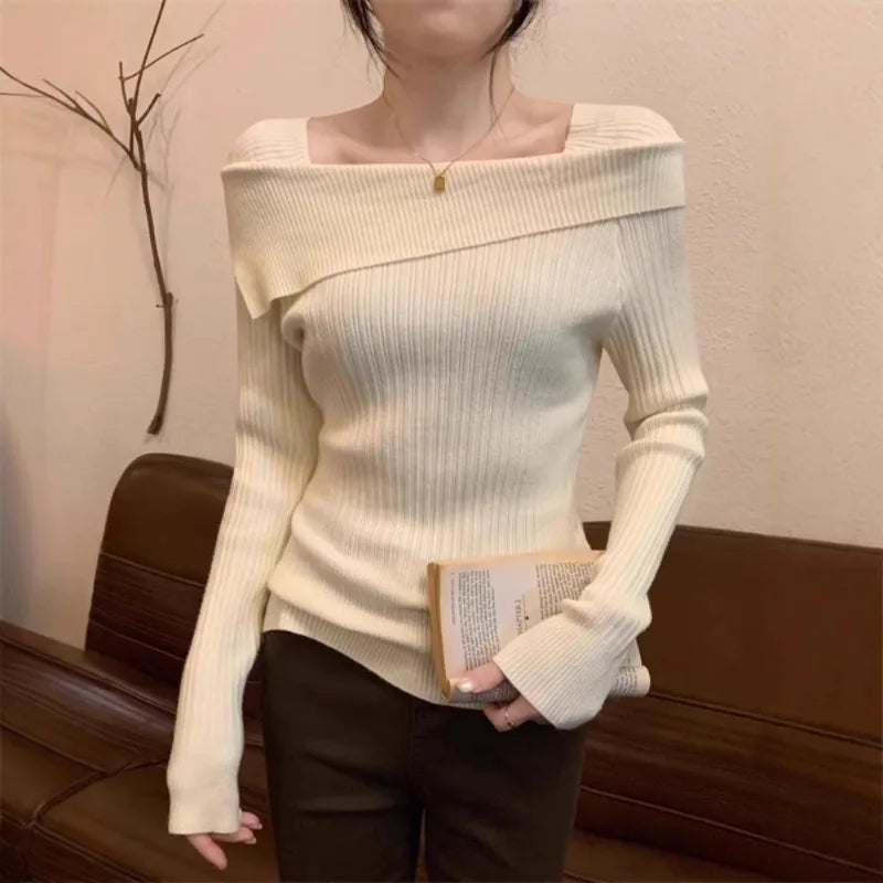 Solid Sexy Slim Off Shoulder Slash Neck Long Sleeve Knitting Sweater Women Jumpers Office Fashion New