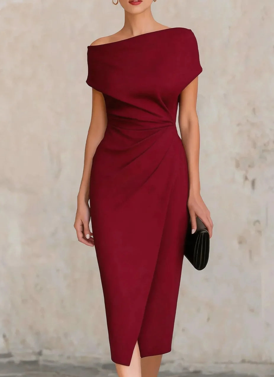 Elegant One-Shoulder Pleated Slit Dress