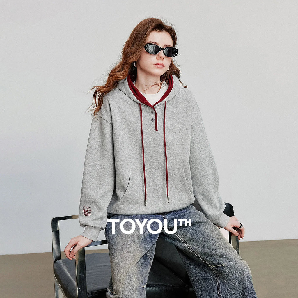 TOYOUTH Women Hoodies Sweatshirt 2026 Autumn New Contrasting Color Embroidery Splicing Hooded Pullover Tops