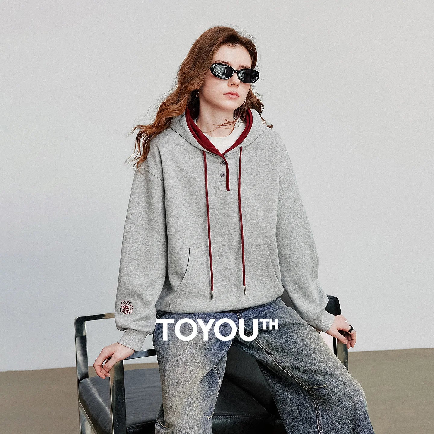 TOYOUTH Women Hoodies Sweatshirt 2026 Autumn New Contrasting Color Embroidery Splicing Hooded Pullover Tops