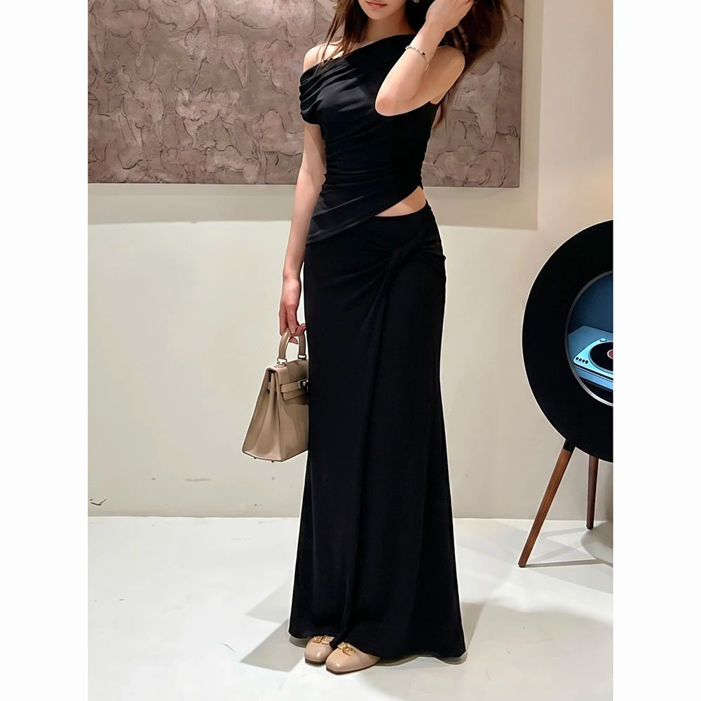 Summer 2026 Women's Fashion T-shirt Top Half Skirt Fish Tail Skirt Set Side Shoulder Design Knot Waist Slimming Effect