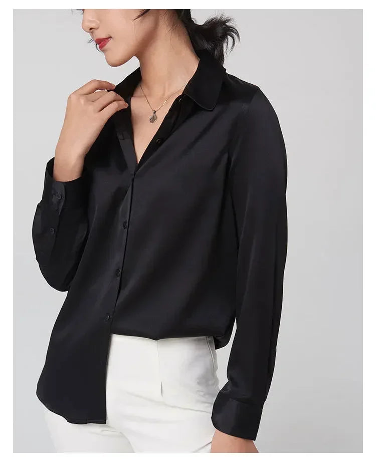 Woman Silk Shirt Long-sleeved Satin Women Blouse 19mm Mulberry Silk Blouse Loose Versatile Base Shirt 95% Natural Silk+5%Spandex