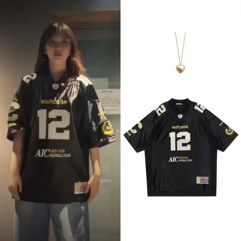 Minji Hyein's Same Asif Calie Korean Designer Brand Printed Loose Short Sleeved Jersey Tops Summer Women Oversized Sport Tshirt