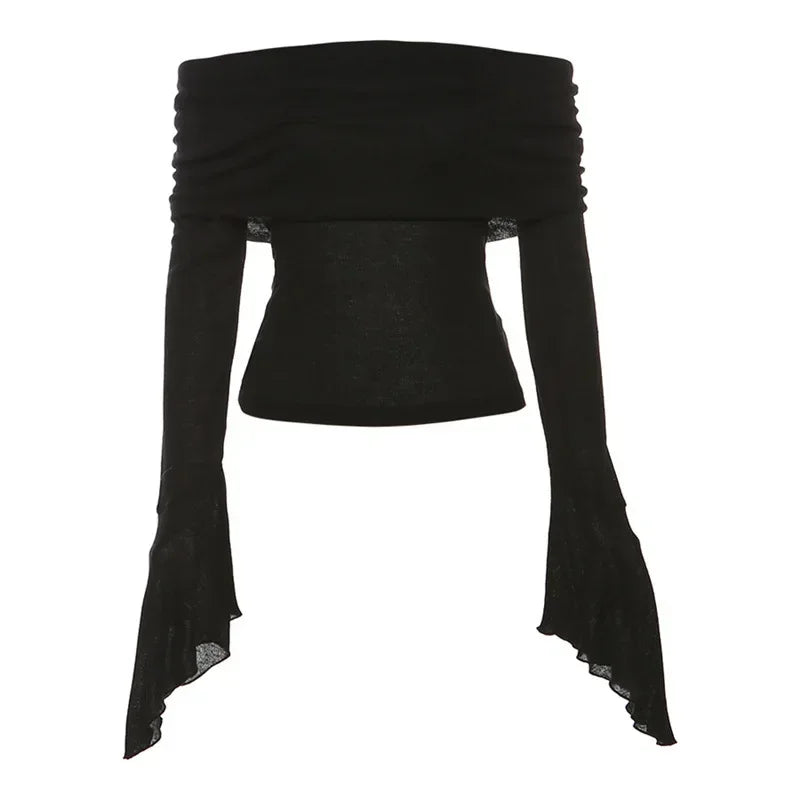 Y2K Off-Shoulder Sheer Long Sleeve Top