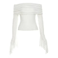 Y2k Aesthetic Women Translucence Tee Shirts Slash Neck Long Sleeve Solid Casual T-Shirts Vintage Off Shoulder Sexy Cute Tshirts
