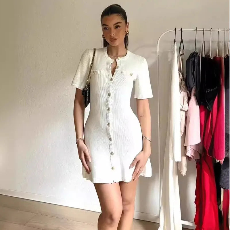 Elegant White Rib Knit Mini Dress