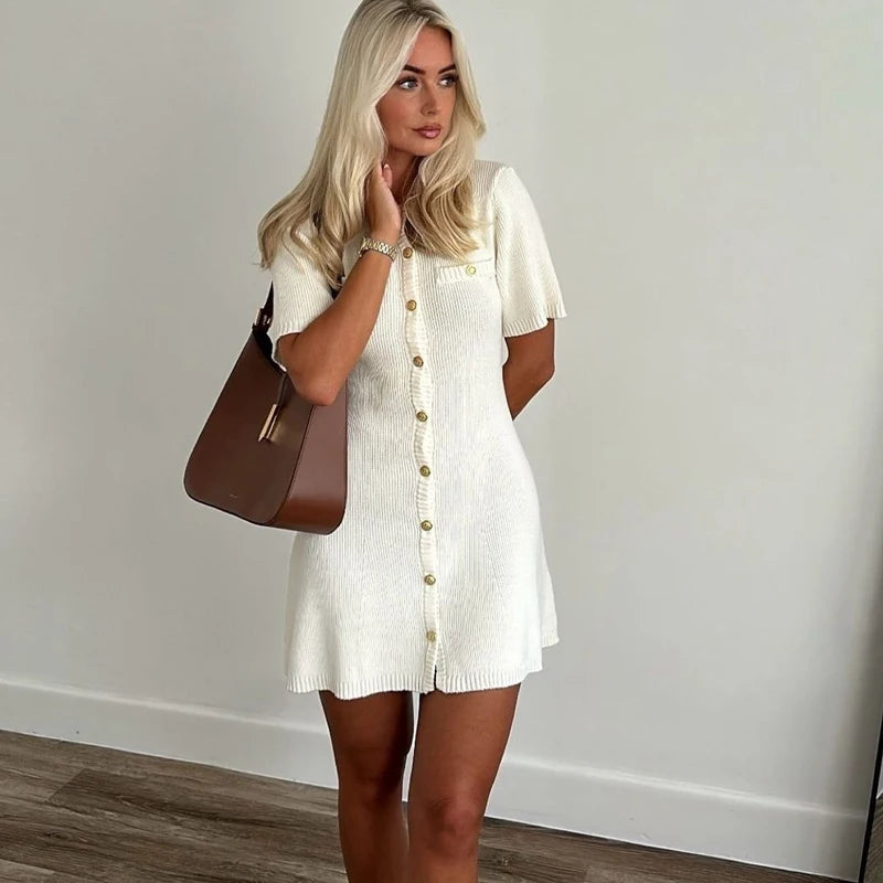 White Elegant Knitted Mini Dress For Women Metal Button Sexy Slim Rib Sweater Dress Holiday Party Outfits Autumn 2026 New