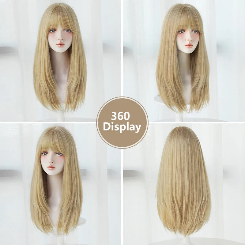 Straight Layered Blonde Wigs with Neat Bangs High Density Synthetic Natural Fake Hair Wig for Women Daily Cosplay Party Wigs