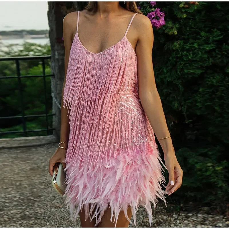 2026 New Sexy Tassel Sequins Feather Mini Dress Women Spaghetti Strap Stitching Dresses Female Elegant Evening Party Club Dress