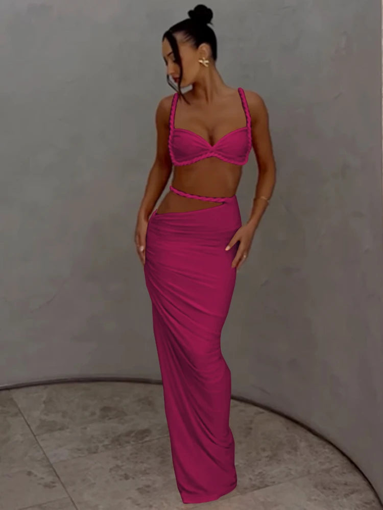 Elegant Pleated Crop Top Skirt Set
