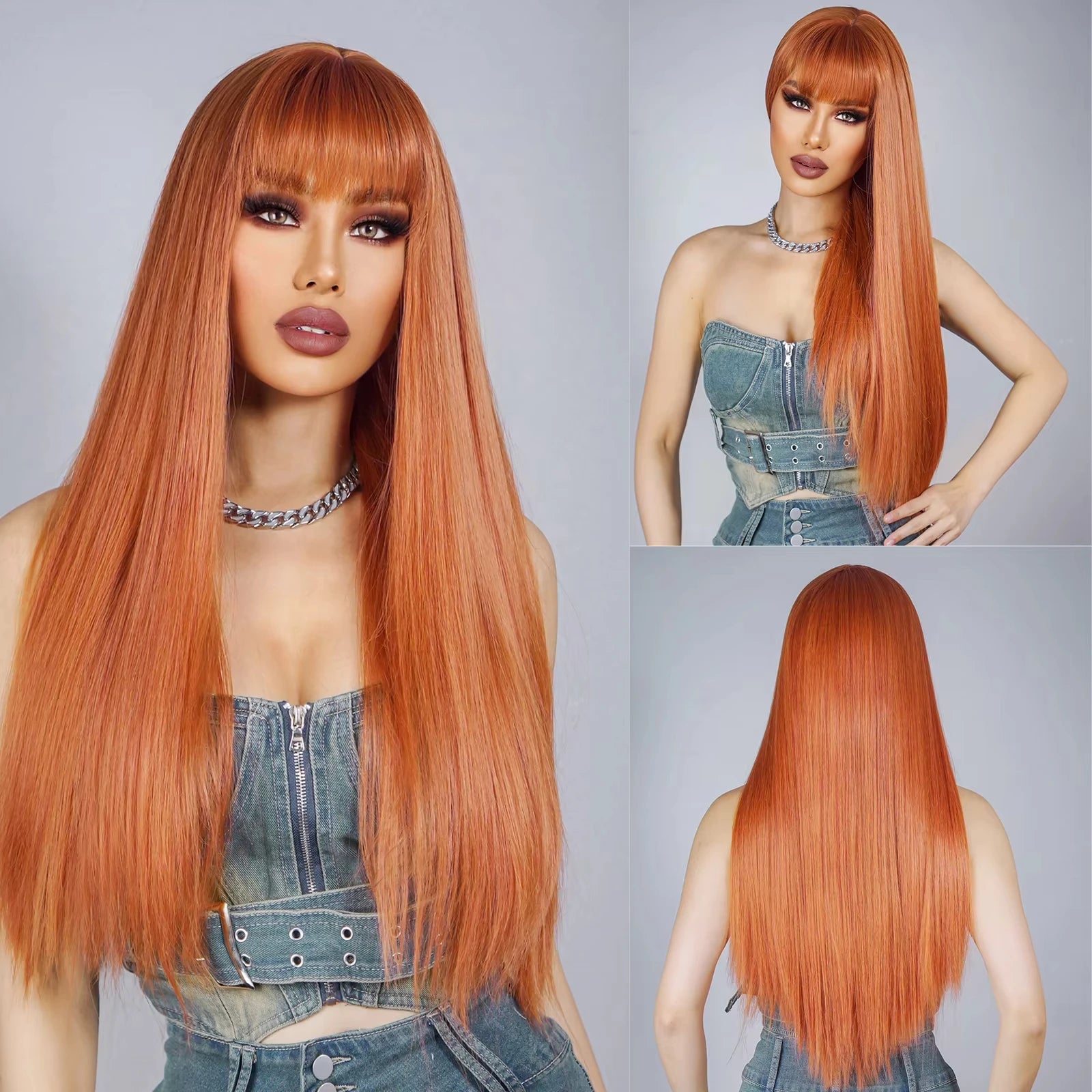 Pink long straight hair synthetic wig