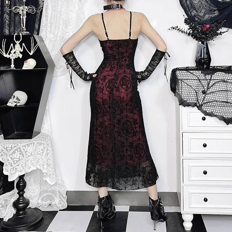 Gothic Sexy Long Fishtail Dress for Women Robe New Spaghetti Strap Sleeveless Backless Ruched