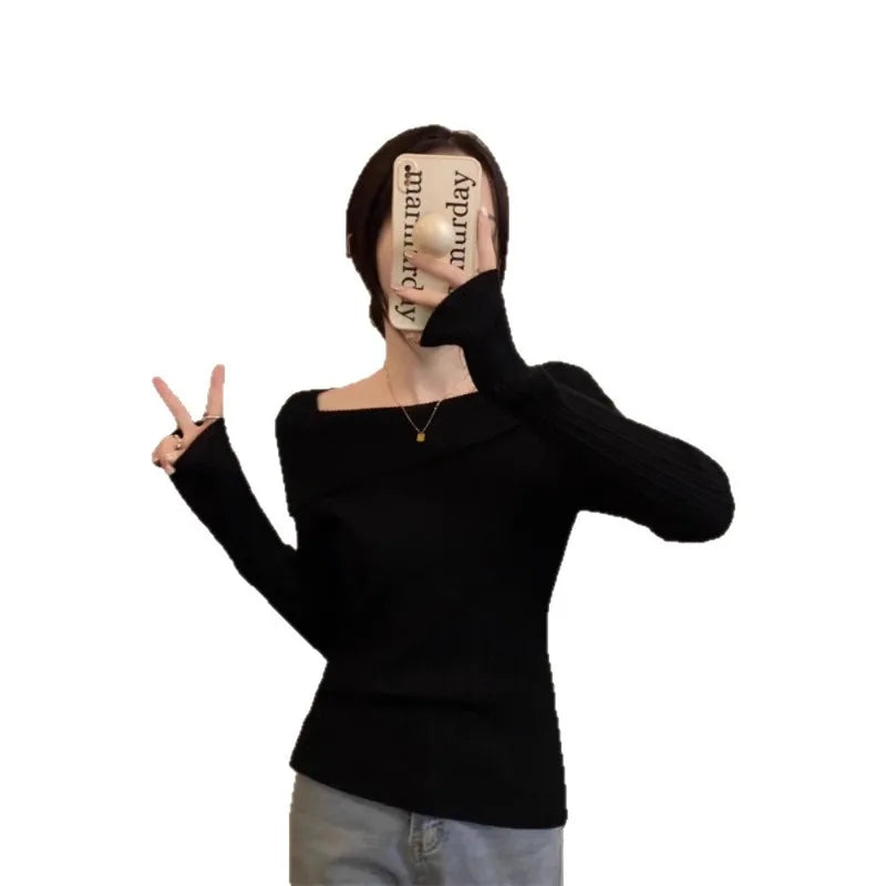 Solid Sexy Slim Off Shoulder Slash Neck Long Sleeve Knitting Sweater Women Jumpers Office Fashion New