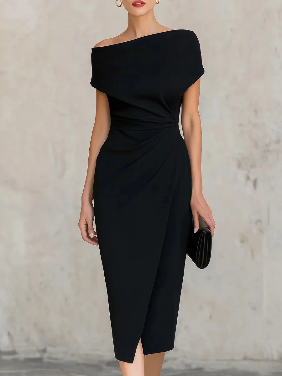 2026 Summer Women's New One-shoulder Waist Pleated Dress Banquet Commuting Slit Dress