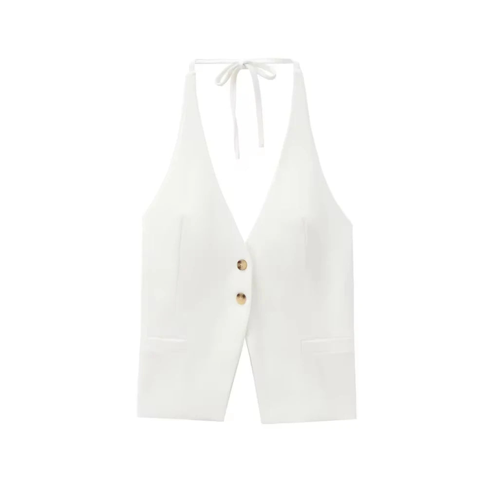 Elegant Front Button Halter Neck Tank Top.