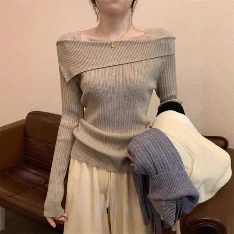 Solid Sexy Slim Off Shoulder Slash Neck Long Sleeve Knitting Sweater Women Jumpers Office Fashion New