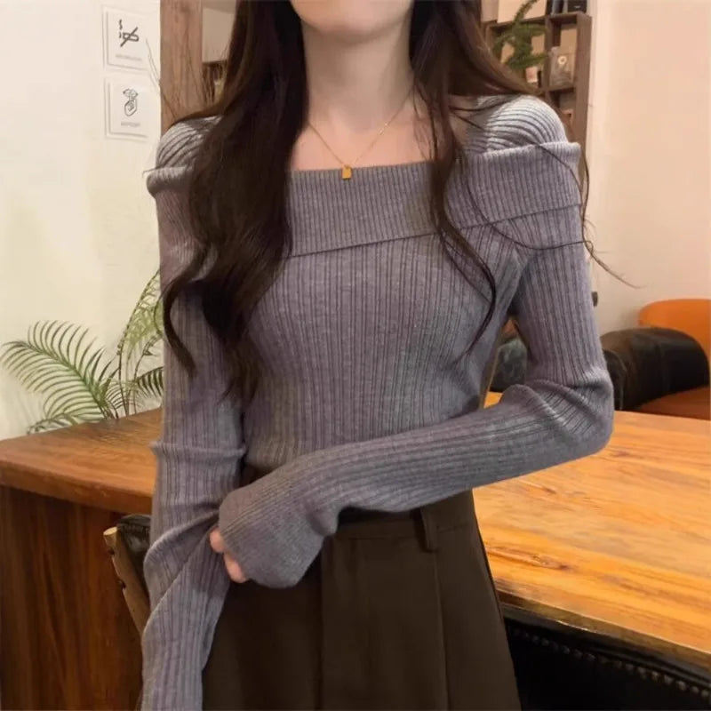 Solid Sexy Slim Off Shoulder Slash Neck Long Sleeve Knitting Sweater Women Jumpers Office Fashion New