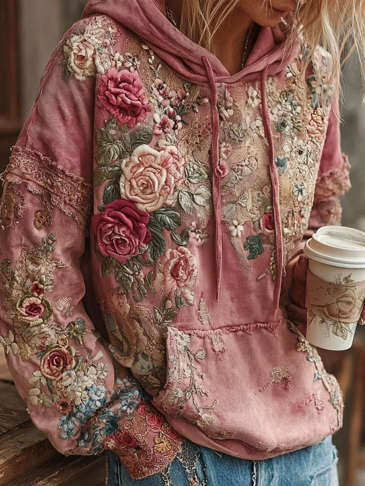 Casual French Flower Hoodie Top Women