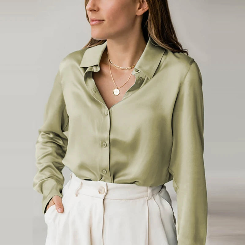 Elegant Satin Button-Up Silk Blouse