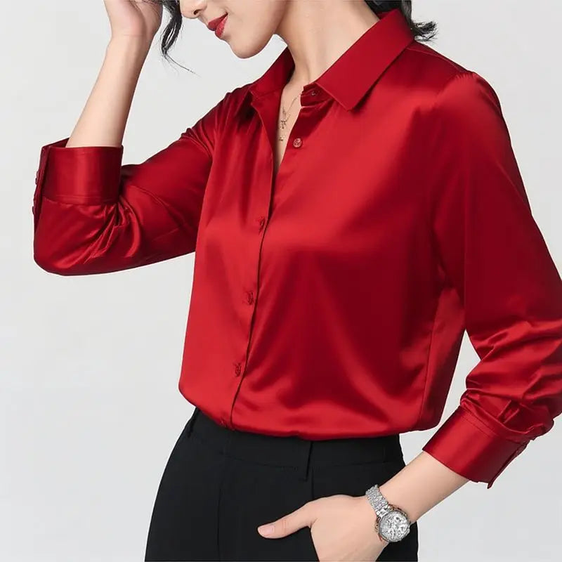 Woman Silk Shirt Long-sleeved Satin Women Blouse 19mm Mulberry Silk Blouse Loose Versatile Base Shirt 95% Natural Silk+5%Spandex