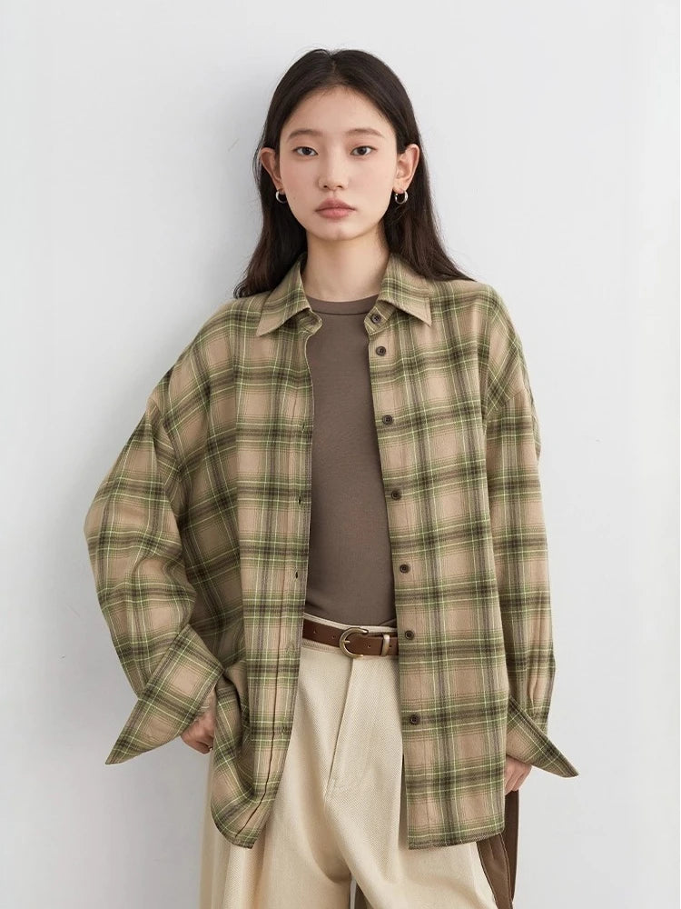 CHIC VEN Women Shirts Loose Casual New Sanding Plaid Shirt Long Sleeve Medium Long Length Blouses Female Tops Spring Autumn 2026
