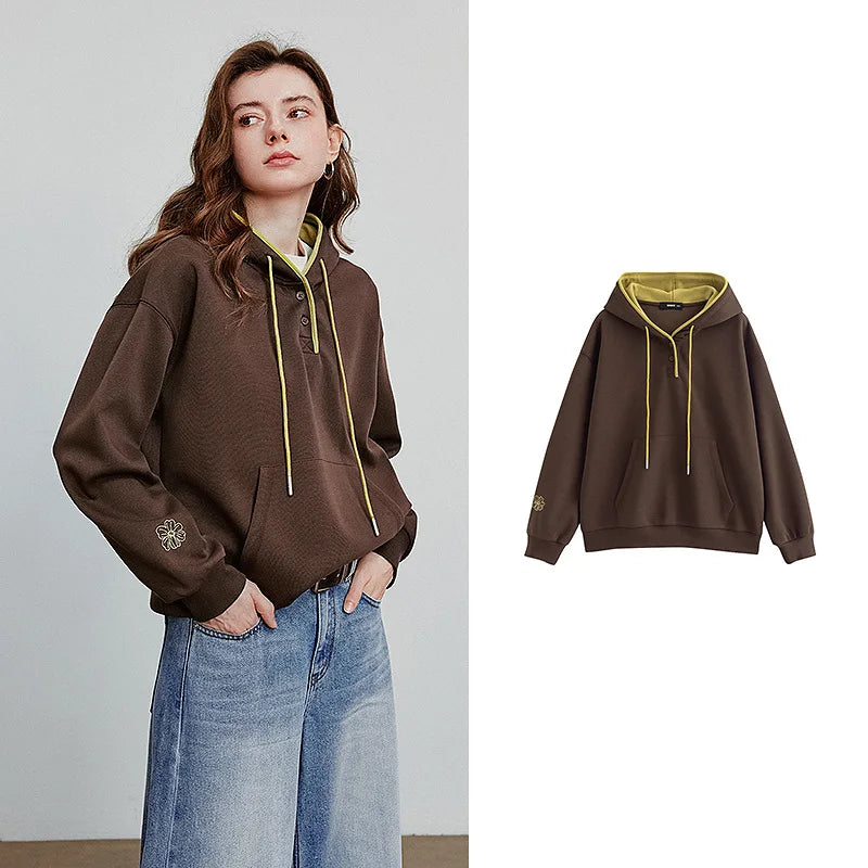 TOYOUTH Women Hoodies Sweatshirt 2026 Autumn New Contrasting Color Embroidery Splicing Hooded Pullover Tops