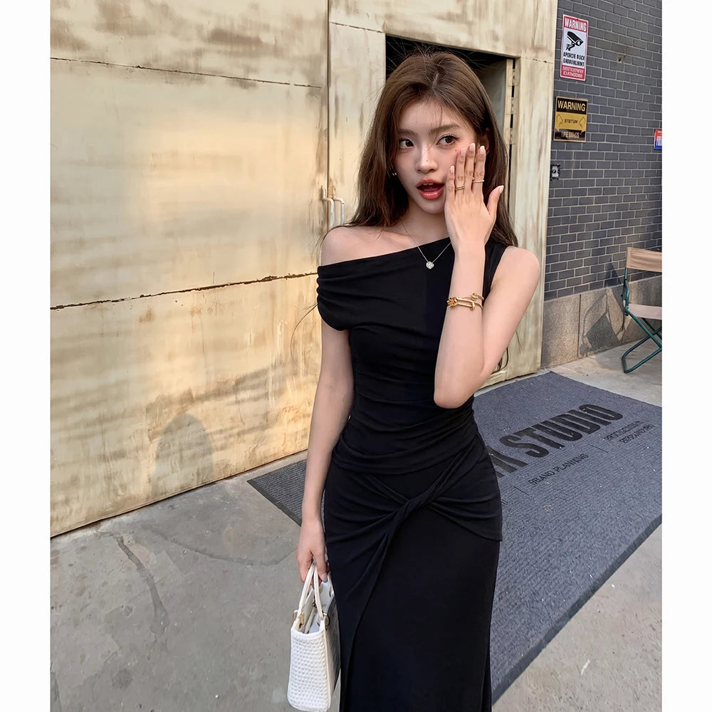 Summer 2026 Women's Fashion T-shirt Top Half Skirt Fish Tail Skirt Set Side Shoulder Design Knot Waist Slimming Effect