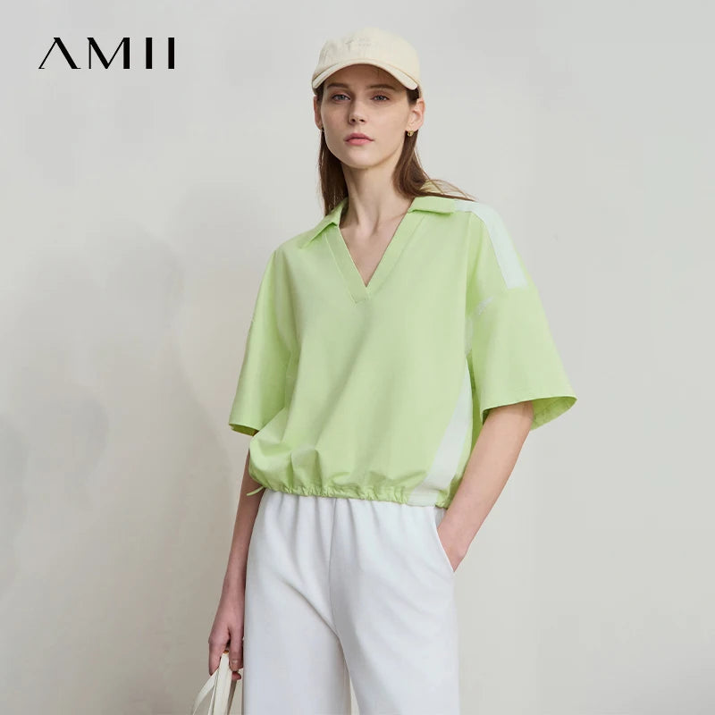 Amii Minimalist Cotton T-Shirts For Women 2026 Summer New V-Neck Pullover Loose Short Shoulder Sleeve Chic Commute Tops 12552001