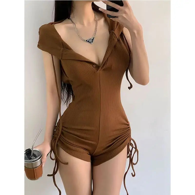 Bodysuit Y2k Winter Clothes 90s Vintage Korea Hooded Slim Casual Shorts Jumpsuits Long sleeves Femme Korea Aesthetic Punk Bodys