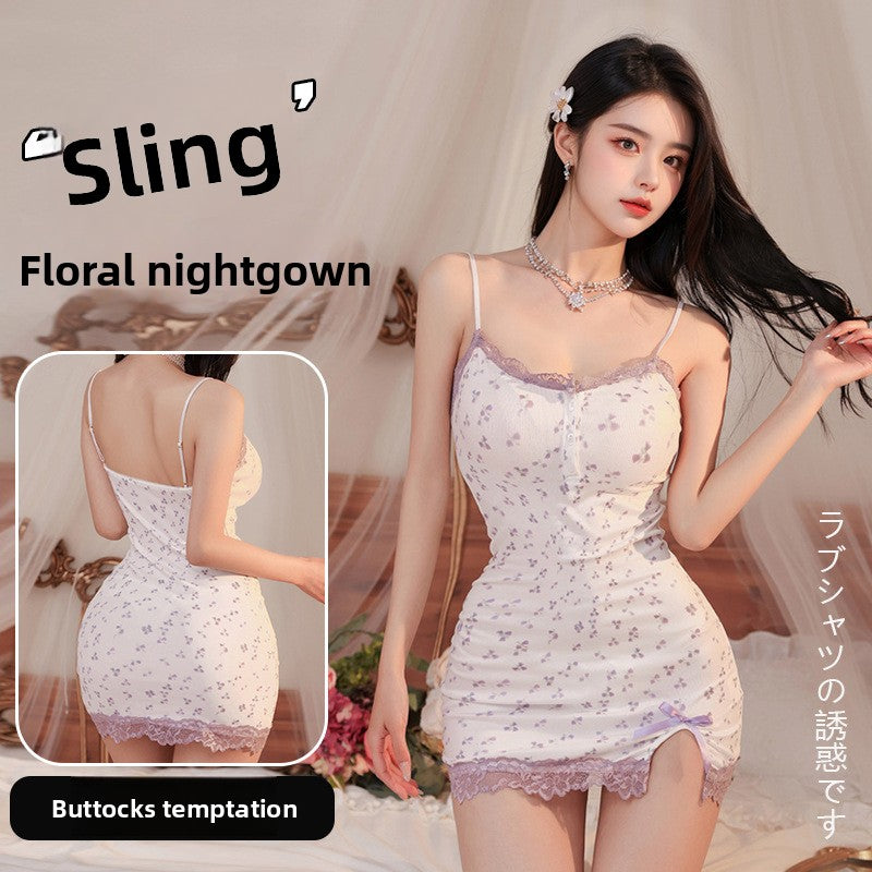 Lace Backless Nightgown with Suspender
